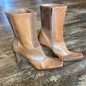 Vintage Y2K Steve Madden Patchwork Stiletto Booties Size 10B Tan Leather / Suede